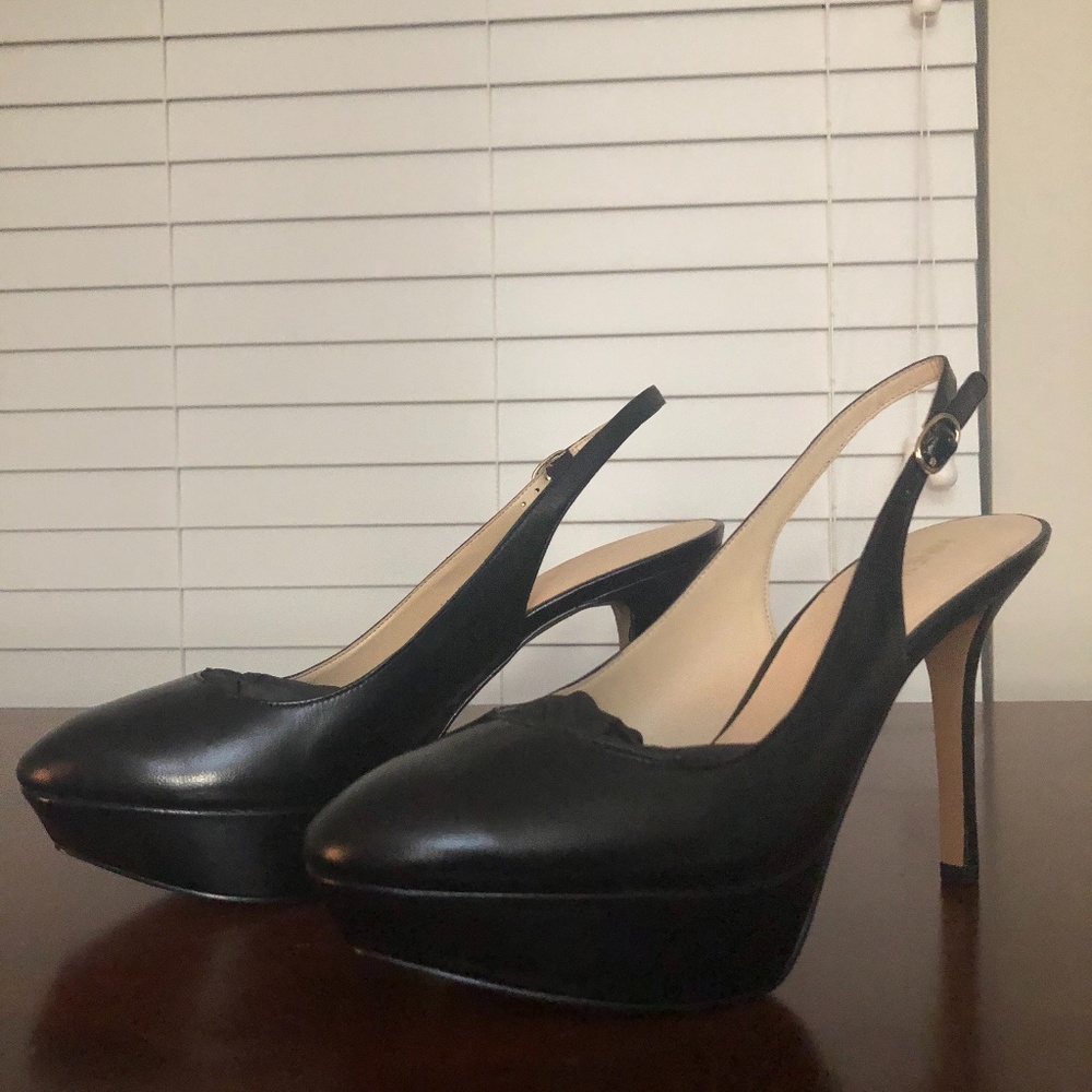 Nine West Black Leather Platform Slingback Heels
